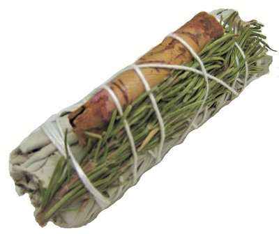 Four-inch white sage smudge stick bound with cinnamon, rosemary and yerba santa