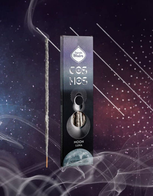 Moon Cosmos incense box standing upright in curling smoke against a deep purple starfield