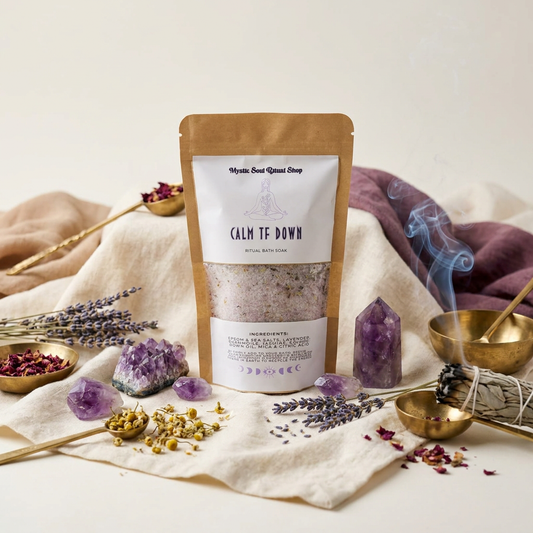 A jar of Calm the F Down Ritual Bath Soak with mineral salts and dried botanicals.