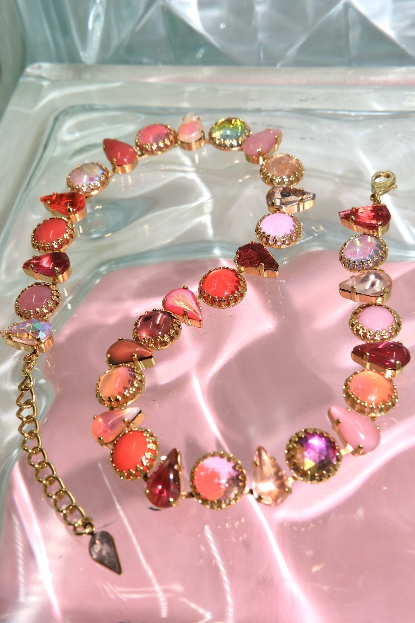 Shrimp pink vintage glass layering choker with 18k gold finish, front view