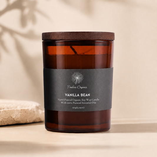 Vanilla bean hand-poured organic soy candle in recyclable amber glass