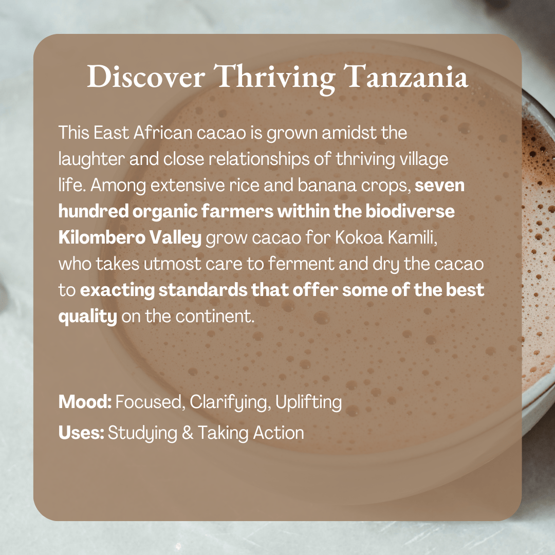 Discover Thriving Tanzania information card describing the origin, mood and suggested use of the cacao over a photo of a filled cup