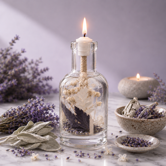 Gemini oil candle burning: a clear glass bottle with white dried blooms and a dark leaf suspended in oil, surrounded by fresh lavender sprigs, dried sage leaves and small stone bowls of lavender buds.