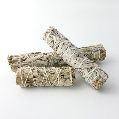 A white sage smudge bundle wrapped with dried rose petals and chakra-colored thread.