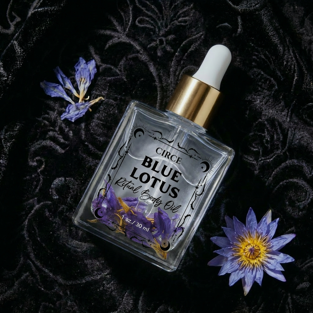 Blue Lotus Ritual Body Oil, 3.4 oz apothecary glass bottle — additional product view.