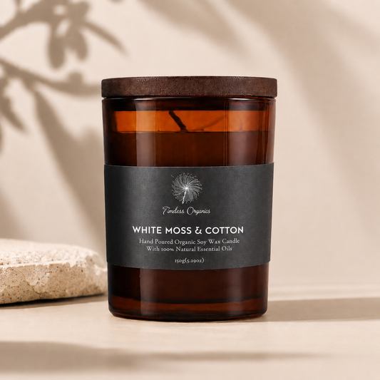 White Moss and Cotton soy candle in recyclable amber glass jar