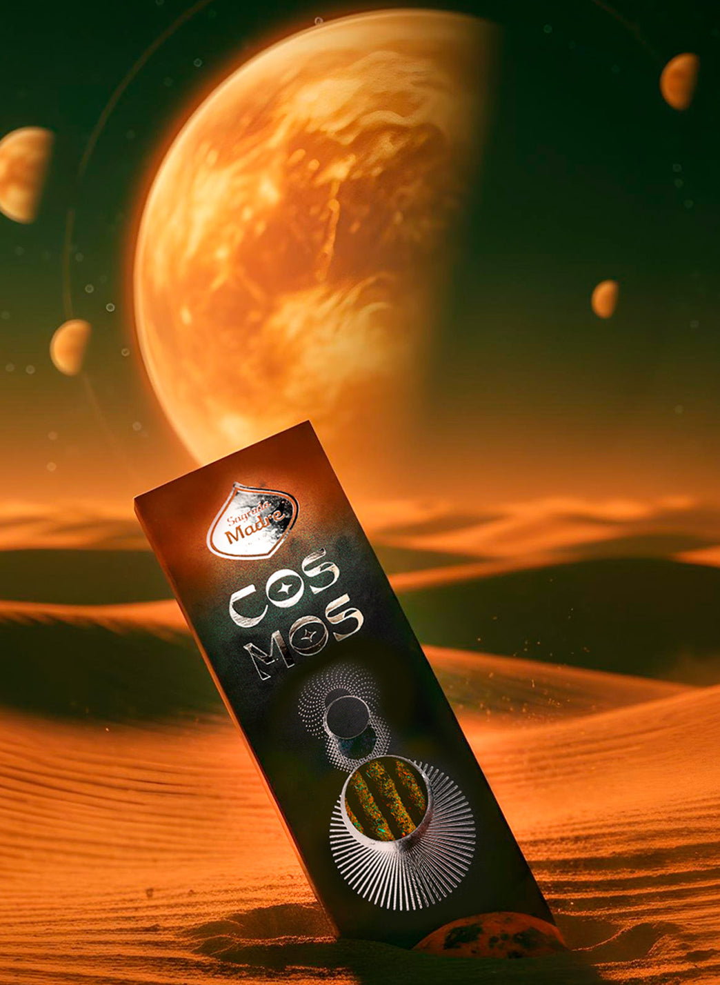 Venus Cosmos incense box photographed against a glowing amber planet