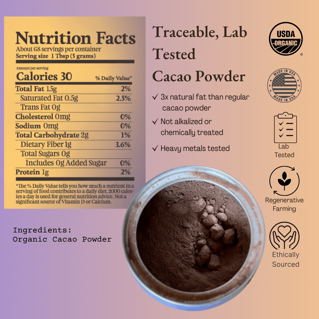 Ora Cacao Triple Fat cacao powder tin shown in a warm, softly lit styled scene.