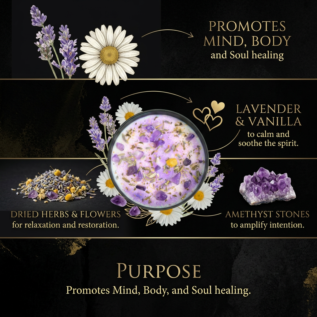 Healing ritual candle in an 8 oz jar with lavender, chamomile and amethyst (view 3)