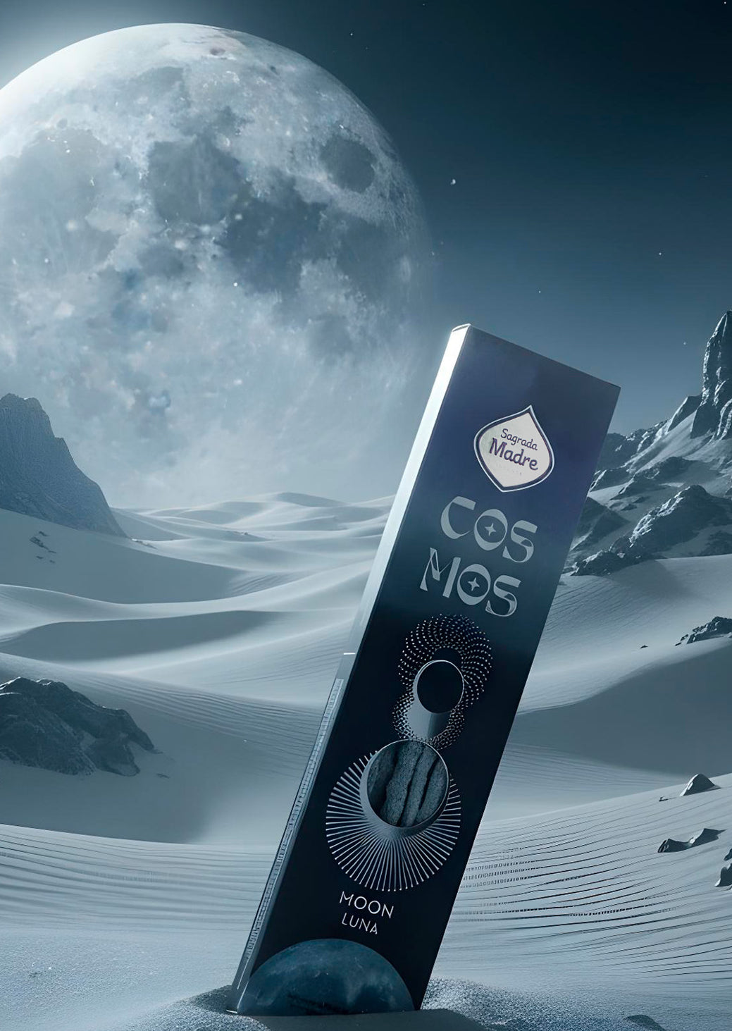 Moon Cosmos incense box photographed against a full moon over a night landscape
