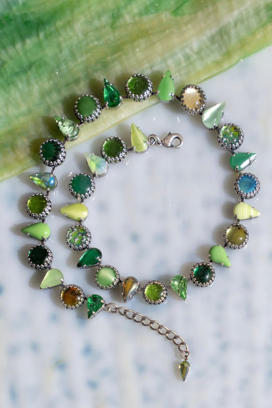 Salad green vintage glass layering choker in oxidized silver, front view