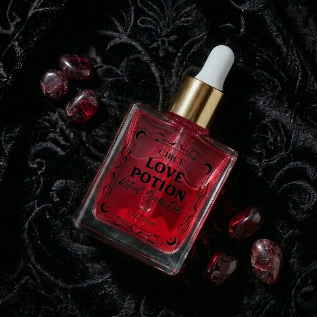 Love Potion ritual body oil in a classic apothecary-style glass bottle, detail of the finish