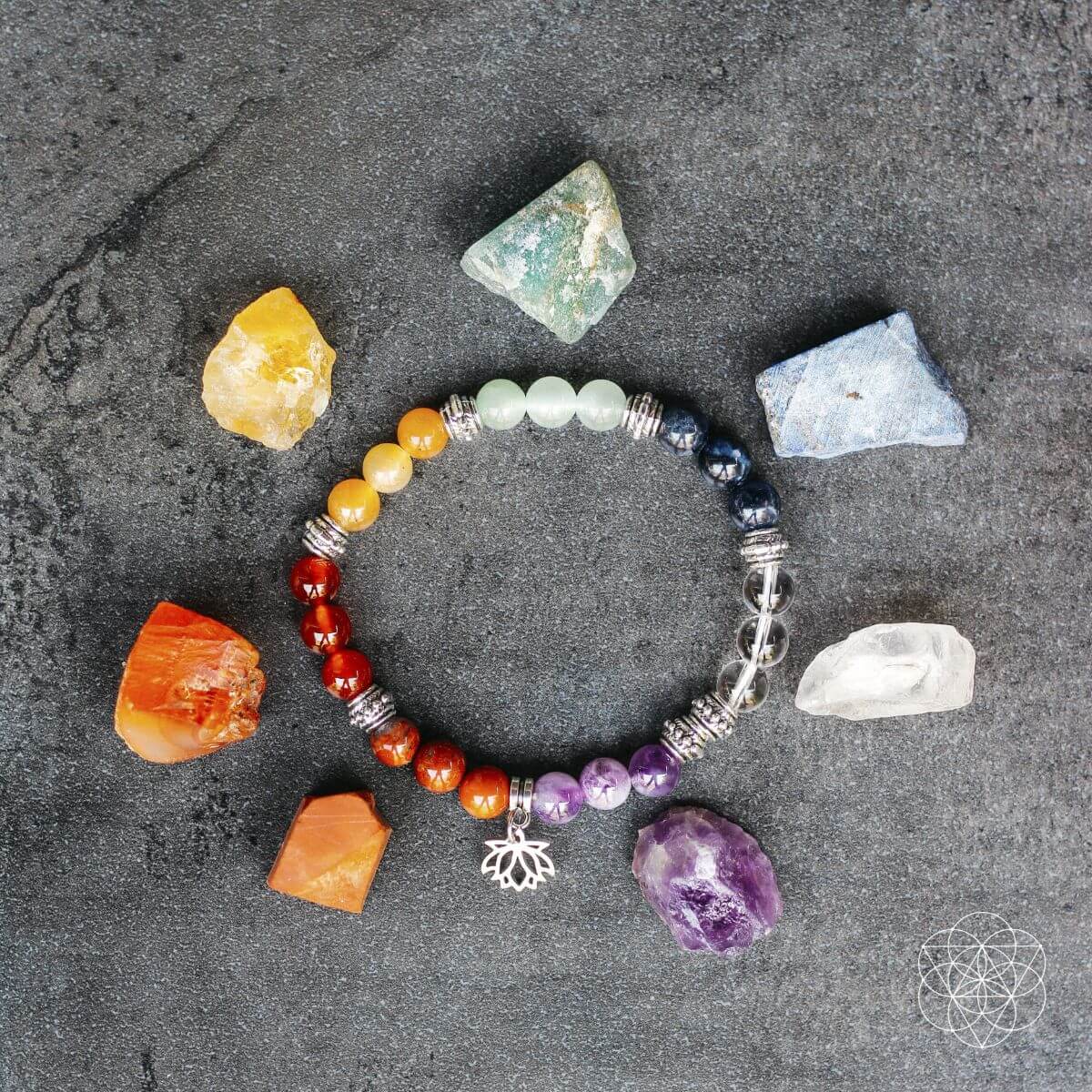 Seven chakra crystal bracelet with lotus motif and matching set of natural chakra stones (view 5)