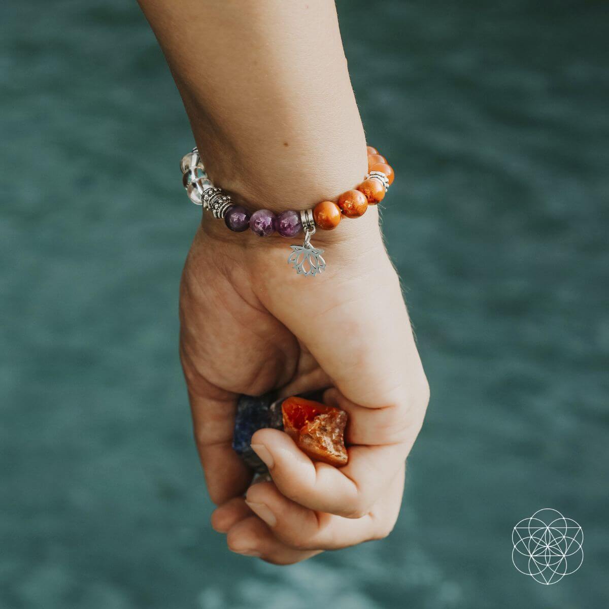 Seven chakra crystal bracelet with lotus motif and matching set of natural chakra stones (view 2)