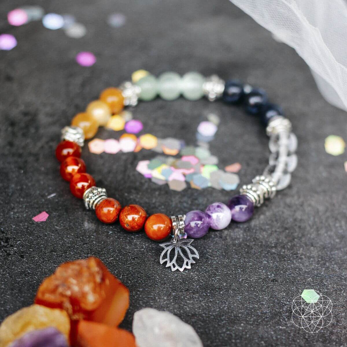 Seven chakra crystal bracelet with lotus motif and matching set of natural chakra stones (view 4)