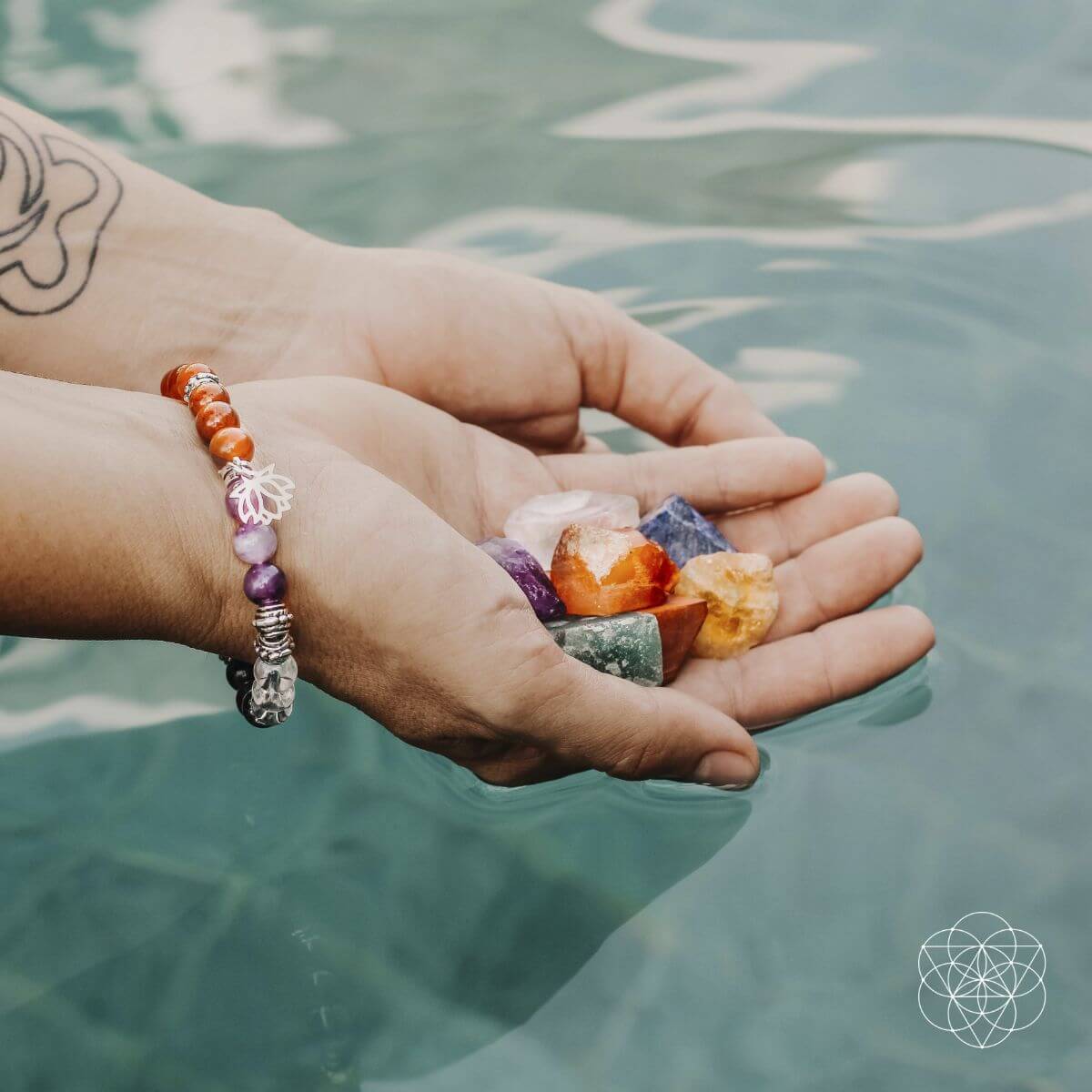 Seven chakra crystal bracelet with lotus motif and matching set of natural chakra stones (view 3)