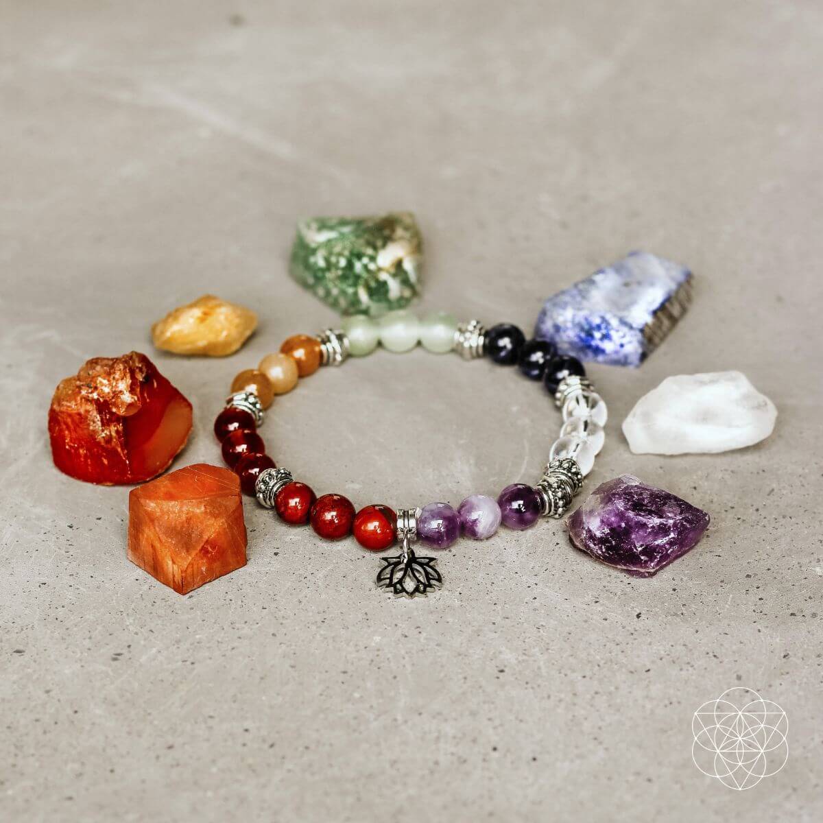 Seven chakra crystal bracelet with lotus motif and matching set of natural chakra stones