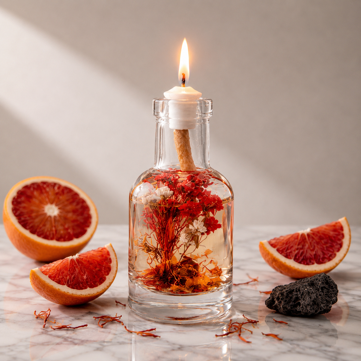 Aries oil candle burning with red botanicals and saffron threads suspended in the glass, flanked by halved and wedged blood oranges and a piece of black volcanic stone.