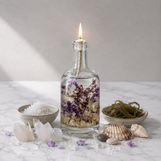 Lit Aquarius oil candle: a clear glass bottle of purple and white dried flowers with a burning wick, on white marble beside a bowl of sea salt, seashells and scattered pale petals
