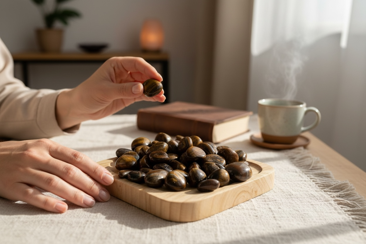 A hand lifting a tiger iron tumbled stone from a wooden tray on a table