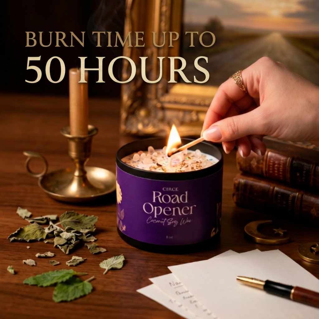 Road Opener spell candle in an 8 ounce jar with a cotton wick, alternate view
