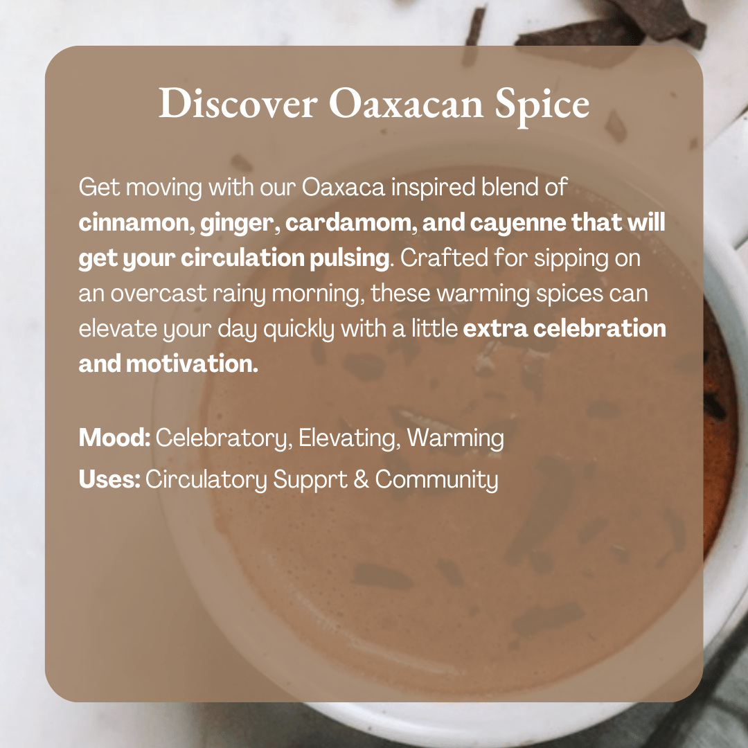 Discover Oaxacan Spice information card describing the origin, mood and suggested use of the cacao over a photo of a filled cup
