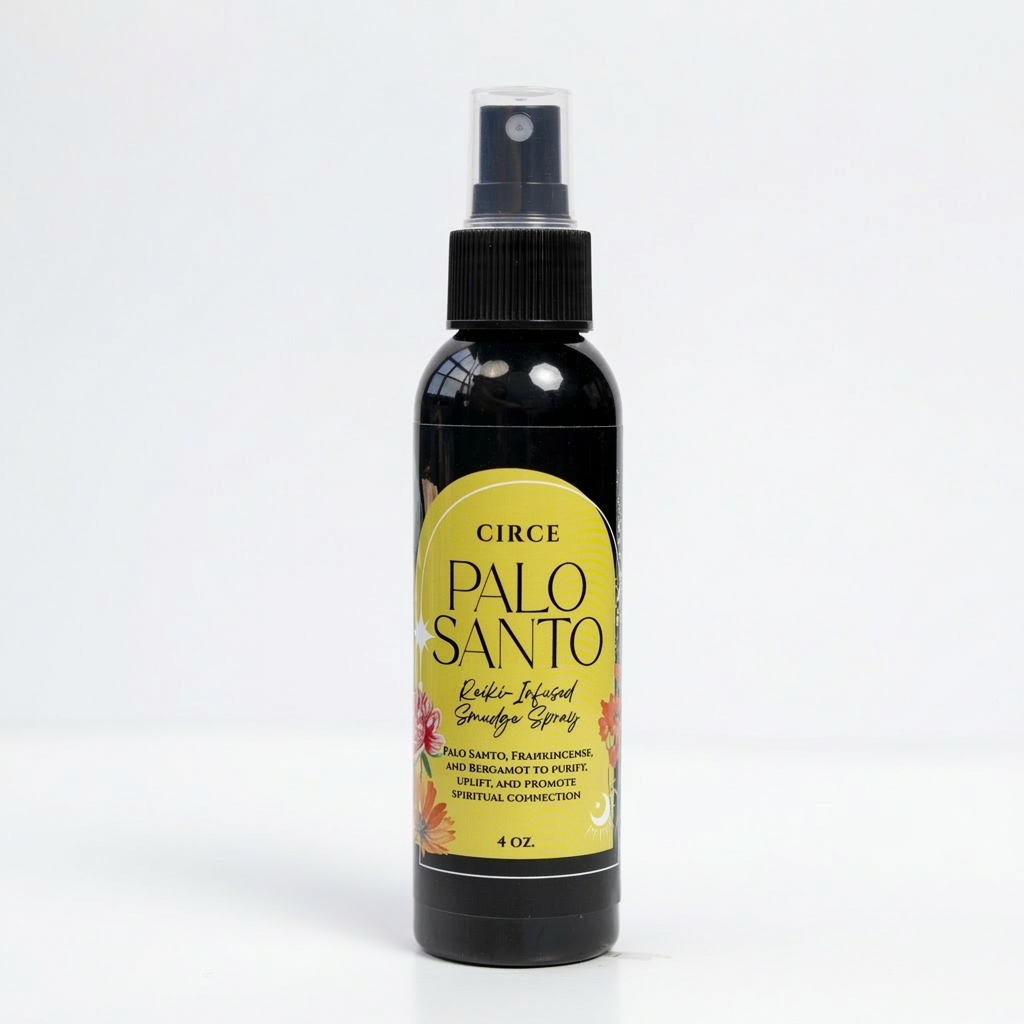 Palo Santo cleansing spray bottle, a smokeless grounding mist, front view