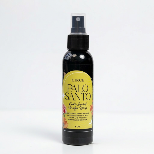 Palo Santo cleansing spray bottle, a smokeless grounding mist, front view