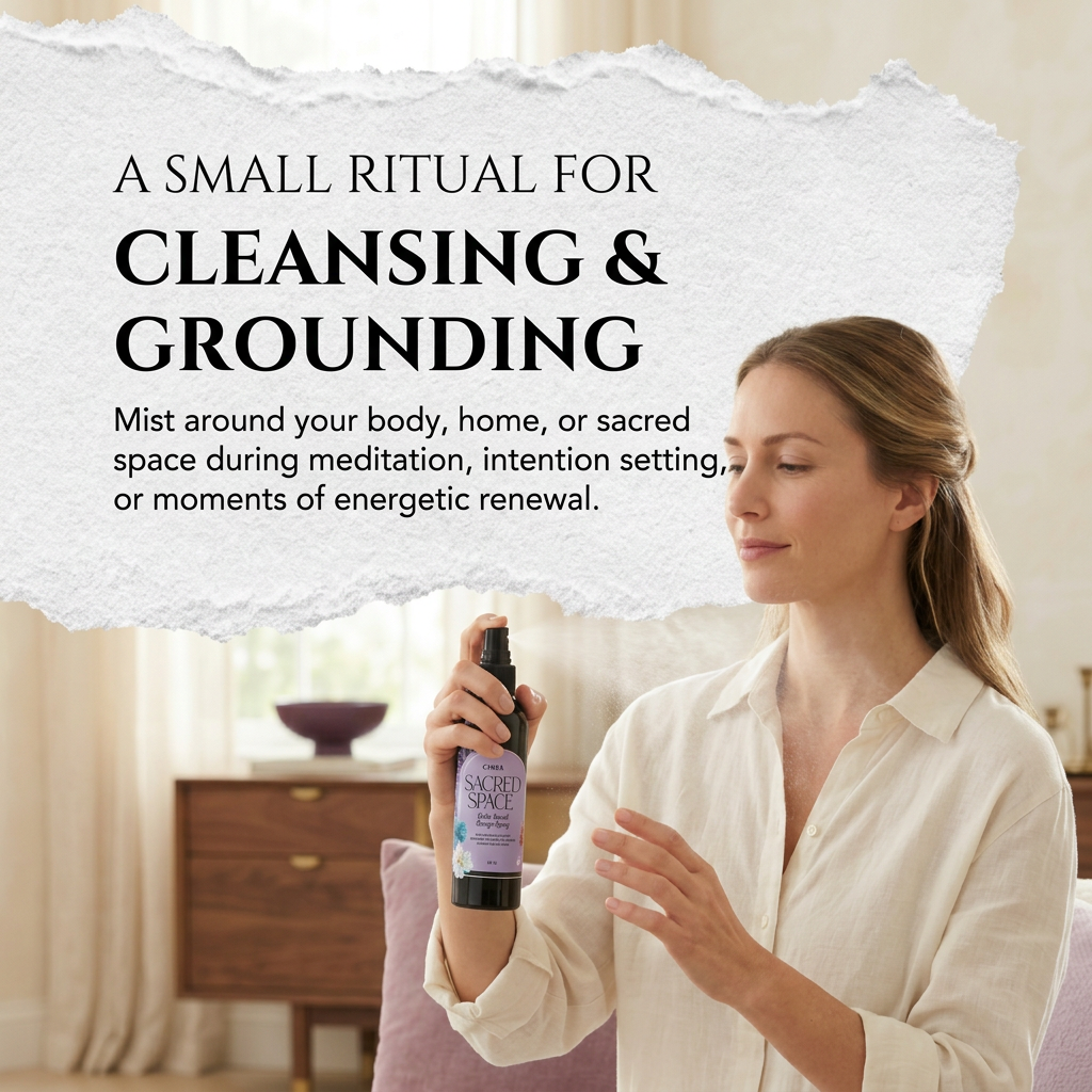 Sacred Space smudge spray in a 4 ounce bottle, shown in a styled setting
