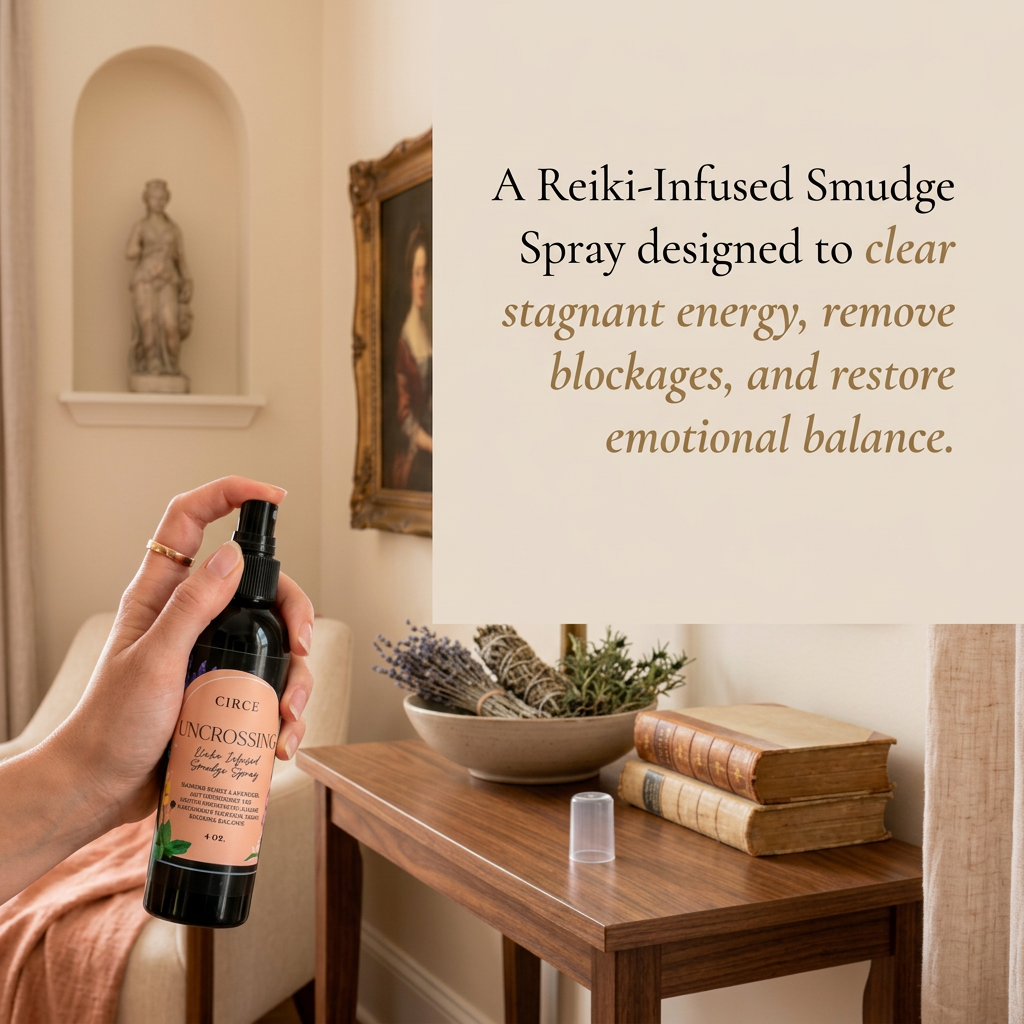 Uncrossing smudge spray in a 4 ounce bottle, a smokeless clearing mist, shown from another angle