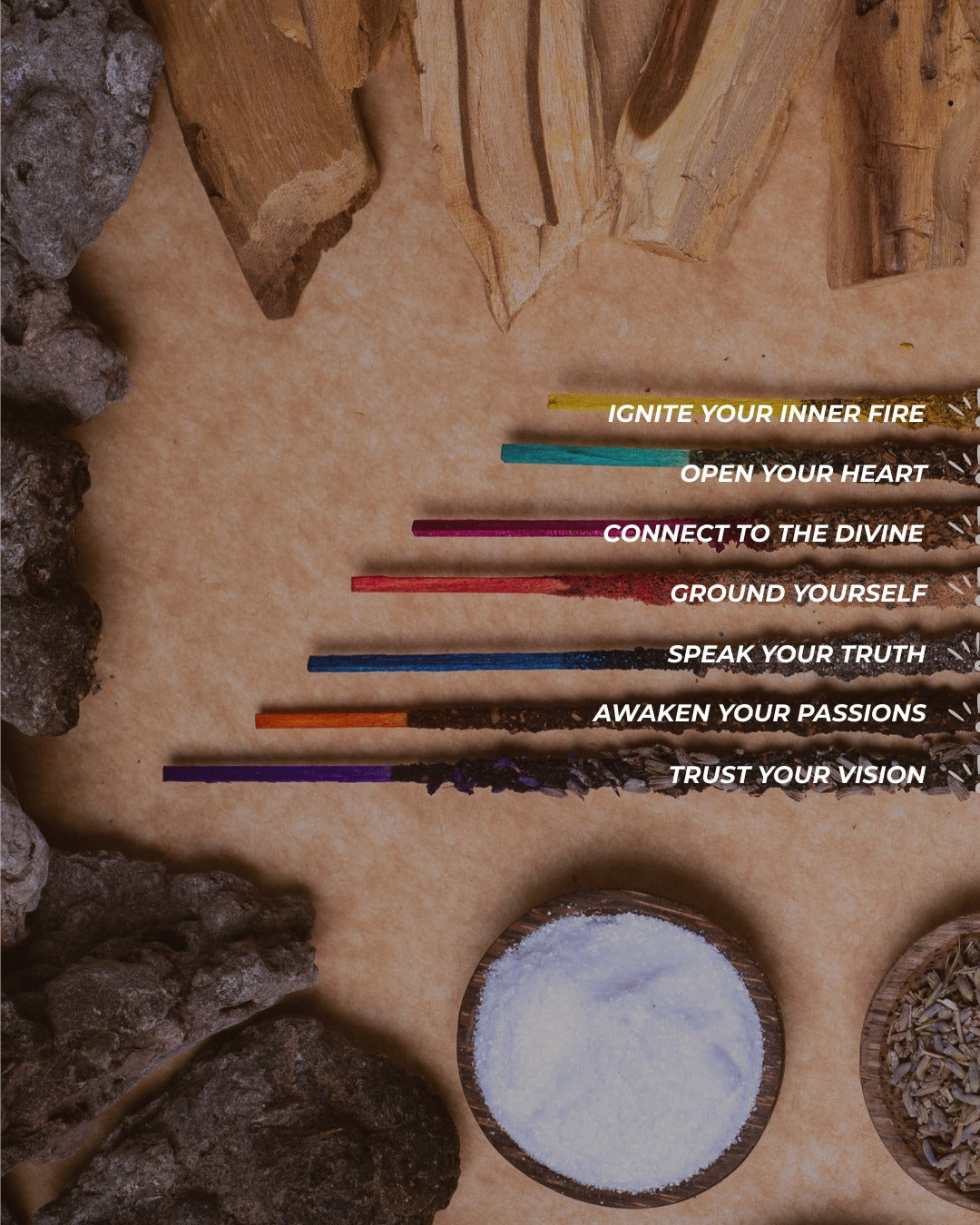 The seven chakra sticks laid out in colour order with their intentions printed alongside