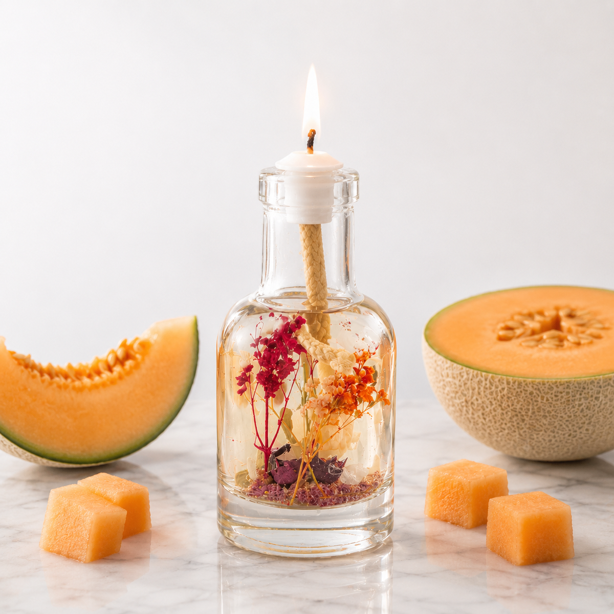 Lit Sagittarius oil candle: a clear glass bottle of red and orange dried flowers with a burning wick, on a pale surface beside halved cantaloupe melon and amber sugar cubes