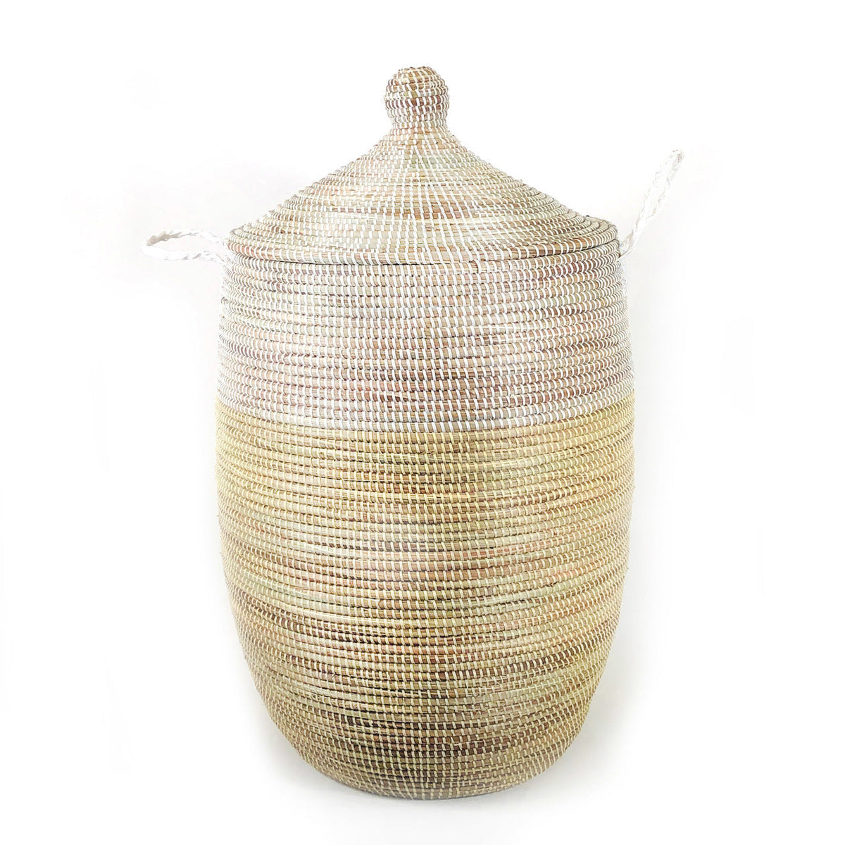 Large two-tone basket with its lid and white banding, seen from the front