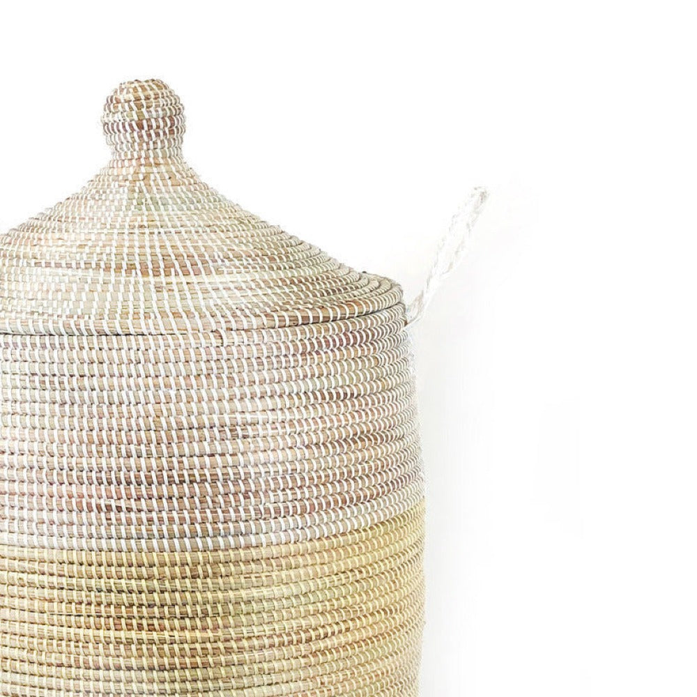 Detail of the woven basket lid, knob handle and white side handle
