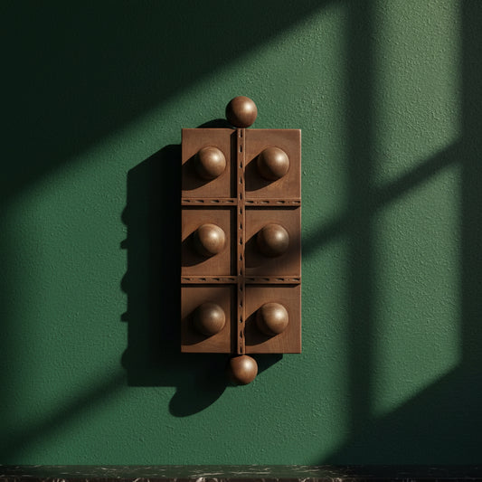 Andre pine wall panel with six carved wooden spheres, mounted on a dark green wall