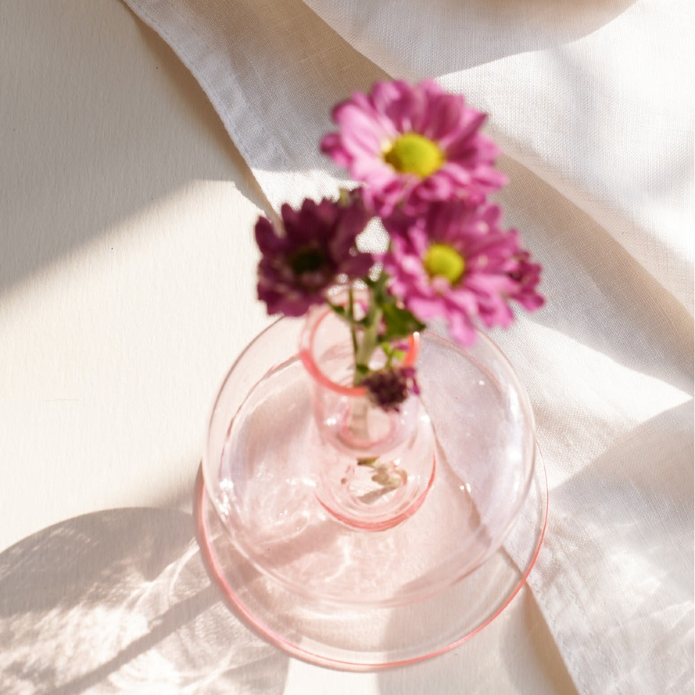Pink Siri glass holder used as a bud vase with pink daisies