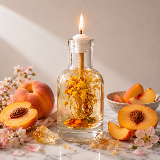 Lit Leo oil candle: a clear glass bottle of golden-yellow dried flowers with a burning cotton wick, on sunlit marble beside fresh peach halves, peach blossom and amber crystals