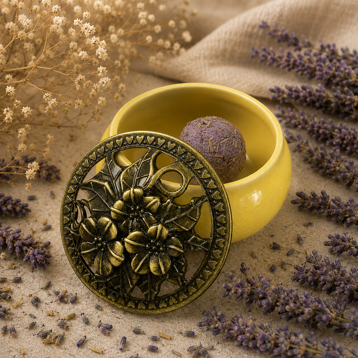 A smudge bomb resting in a yellow ceramic burner with a pierced brass lid