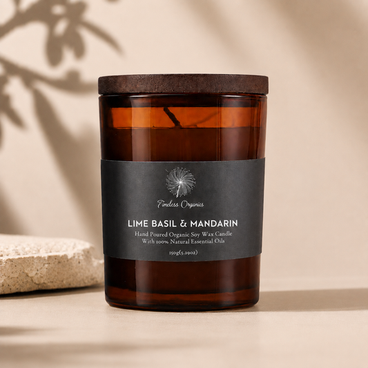 Lime, basil and mandarin hand-poured organic soy candle in recyclable amber glass
