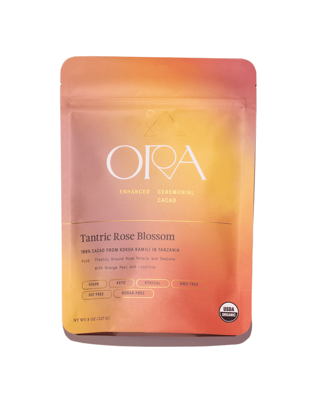 Ora Cacao Tantric Rose Blossom ceremonial cacao blend shown on a plain neutral background.
