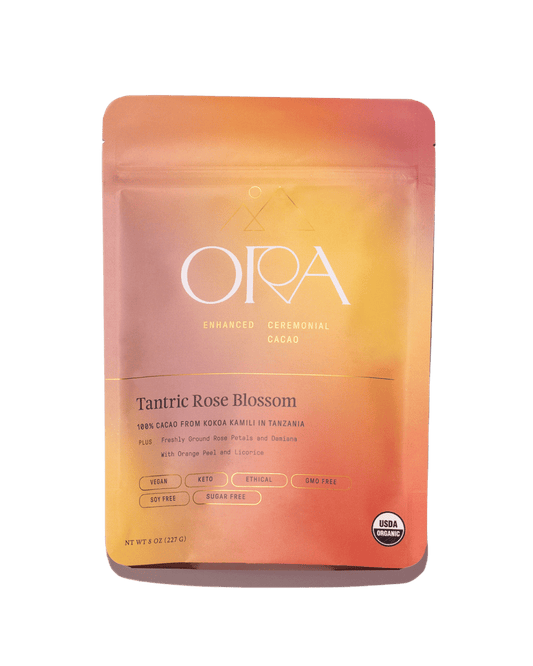 Ora Cacao Tantric Rose Blossom ceremonial cacao blend shown on a plain neutral background.