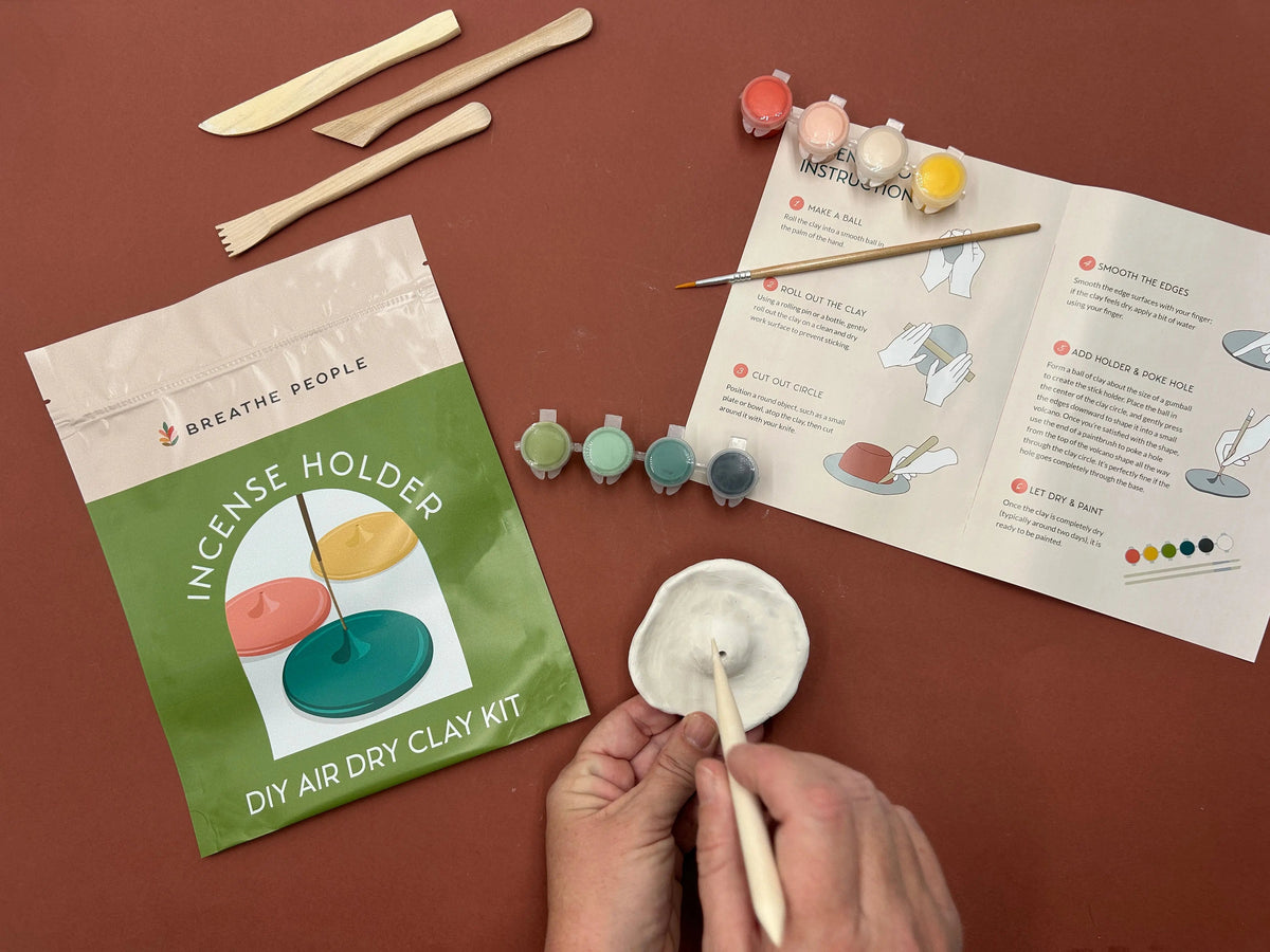 Overhead view of the clay kit with modeling tools, paint pots, instructions and a shaped disc