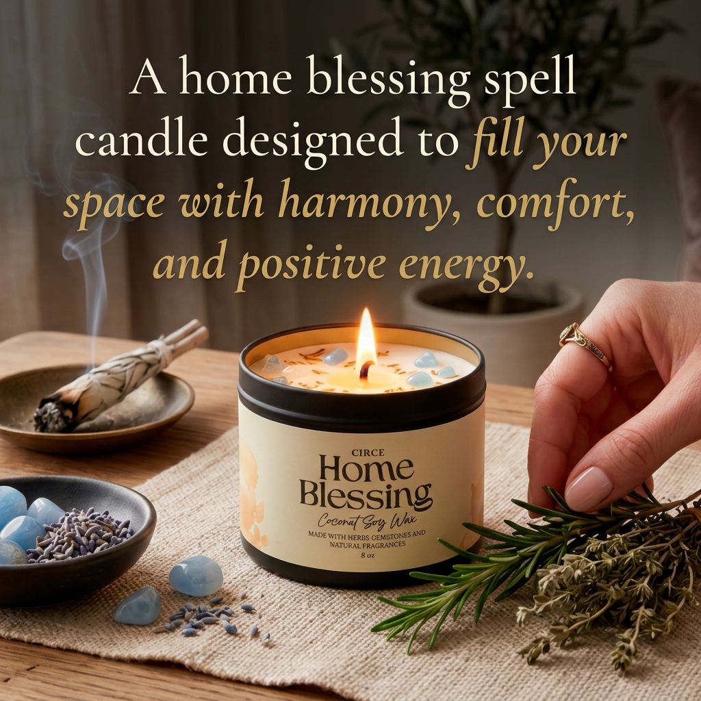 Home Blessing ritual candle in an 8 oz jar with rosemary, thyme and aquamarine (view 3)