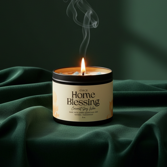 Circe Home Blessing candle burning on dark green velvet, a wisp of smoke rising from the wick