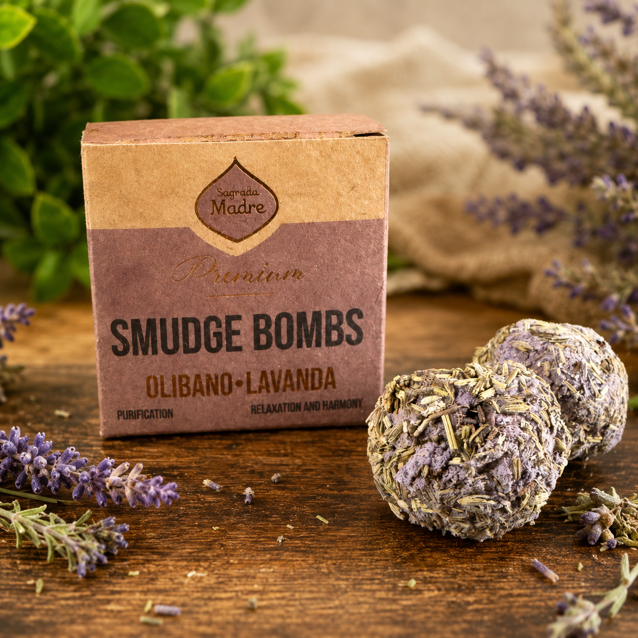 Smudge Bombs box with two lavender smudge bombs and fresh lavender on a wooden table