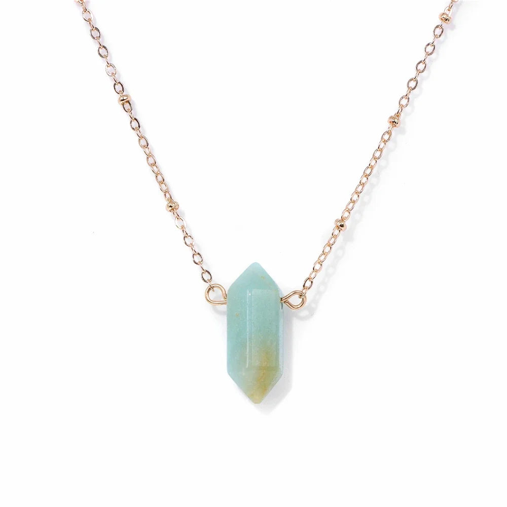 Hexagonal crystal column pendant in gold-plated setting on a fine chain — view 5 of 12