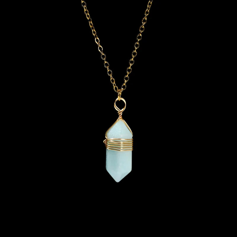 Wire-wrapped hexagonal crystal pendant in gold-plated copper on an adjustable chain — view 5 of 12