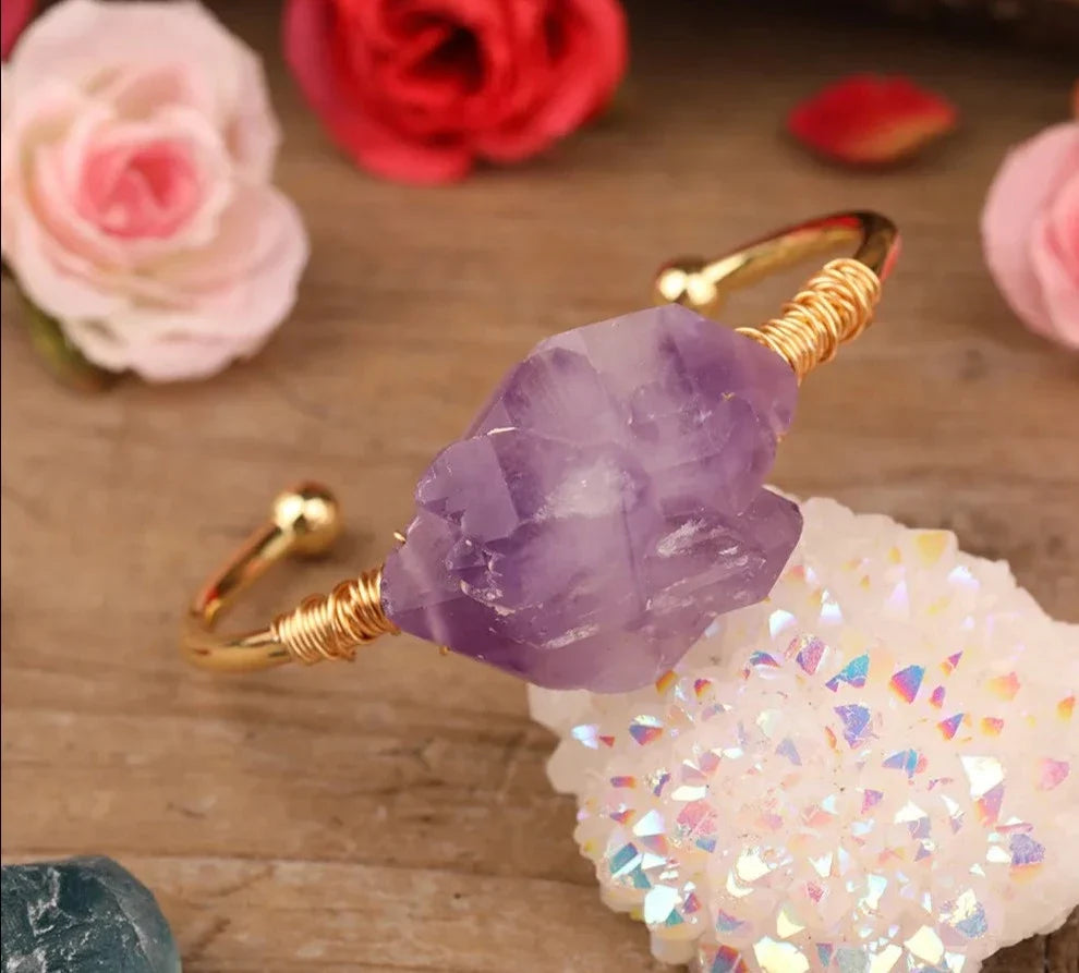 Open cuff bracelet set with an irregular raw amethyst druzy crystal — view 6 of 12