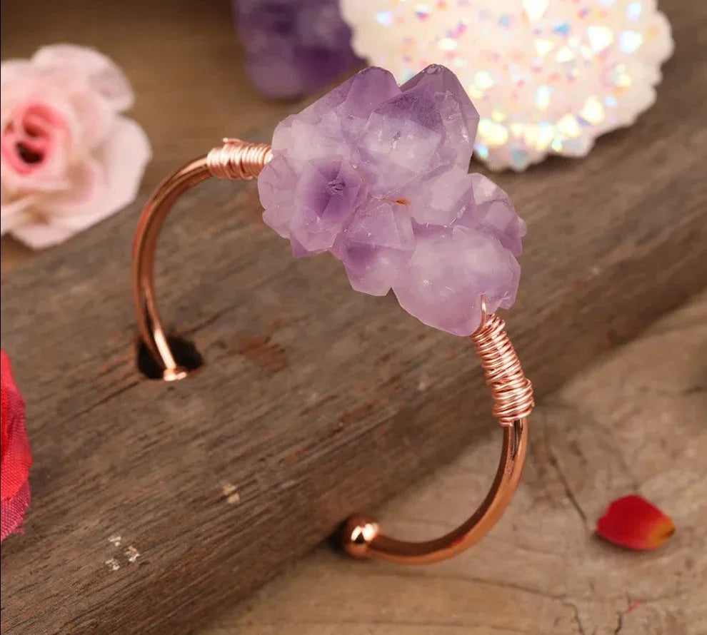 Open cuff bracelet set with an irregular raw amethyst druzy crystal — view 7 of 12