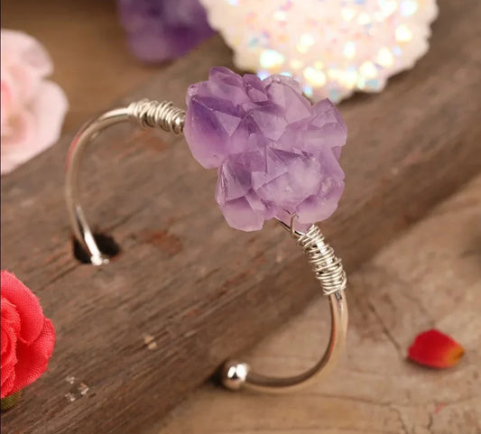 Open cuff bracelet set with an irregular raw amethyst druzy crystal — view 1 of 12